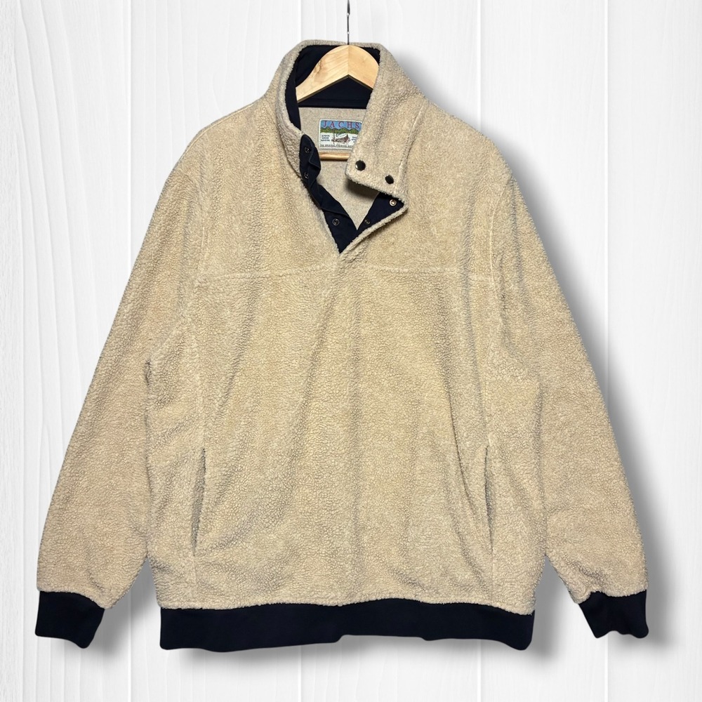 Jachs NY Snap‎ Neck Cabin Sherpa Fleece Pullover Mens XL Beige Navy